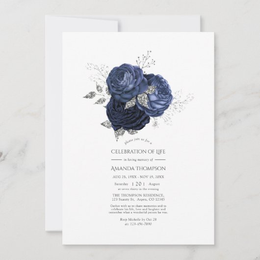 海軍とフェイクグリッターシルバーお祝いオブ・ライフ 招待状 (正面)