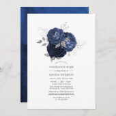 海軍とフェイクグリッターシルバーお祝いオブ・ライフ 招待状 (正面/裏面)