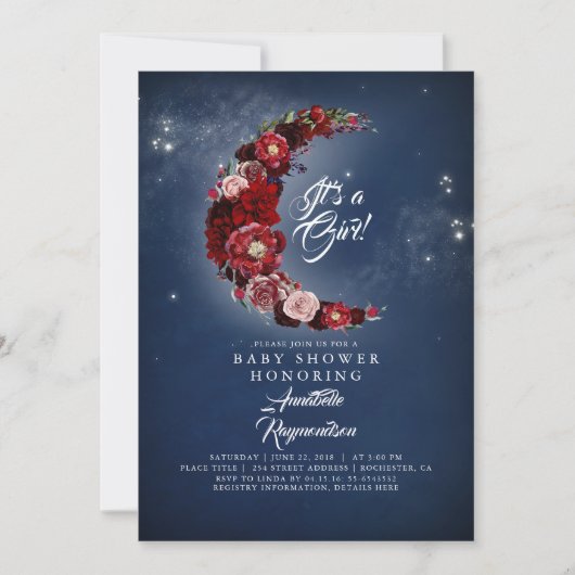 海軍とブルゴーニュのフローラムーンベビーシャワー 招待状 (正面)