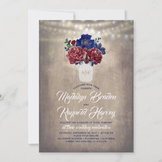 海軍とブルゴーニュのフローラメイスン素朴ジャー結婚ズ 招待状 (正面)