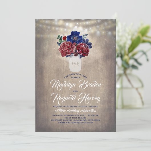 海軍とブルゴーニュのフローラメイスン素朴ジャー結婚ズ 招待状 (スタンド正面)