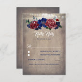 海軍とブルゴーニュの素朴フローラ結婚式RSVP 出欠カード (正面/裏面)