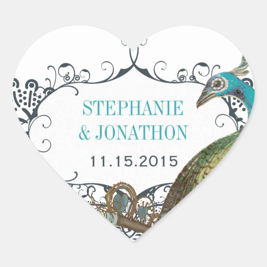 海軍とマスタードの孔雀の愛の鳥の結婚シール ハートシール (正面)