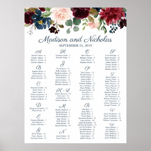 海軍とマルサラのフローラのアルファベット順の座席表 ポスター (正面)