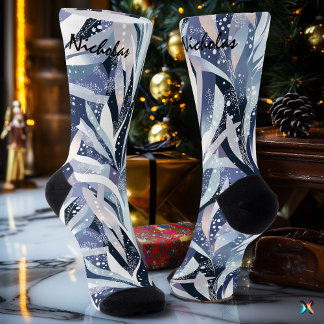 海軍とラベンダーの曇り葉冬の靴下 ソックス