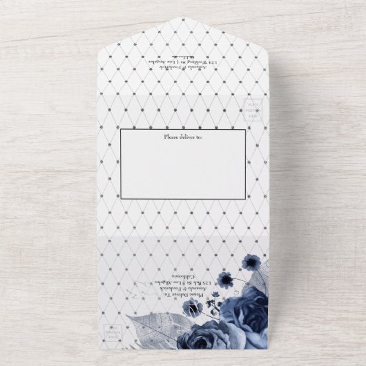 海軍と白と銀フェイク箔結婚 オールインワン招待状 (外側)