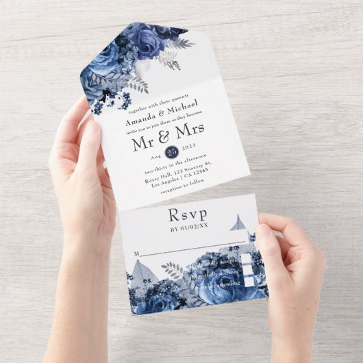 海軍と白と銀フェイク箔結婚 オールインワン招待状 (貼ってはがせる)