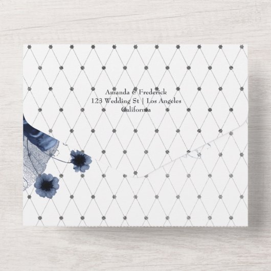 海軍と白と銀フェイク箔結婚 オールインワン招待状 (裏面)