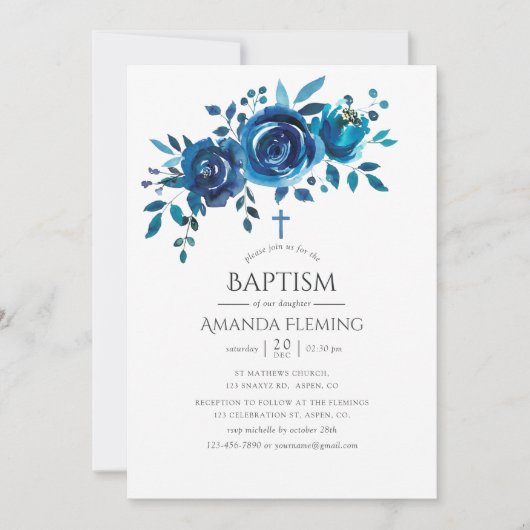 海軍と白のフローラバプテスマまたは《キリスト教》洗礼式や命名式 招待状 (正面)