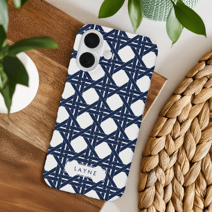 海軍と白の夏の籠編みパターン iPhone 16ケース