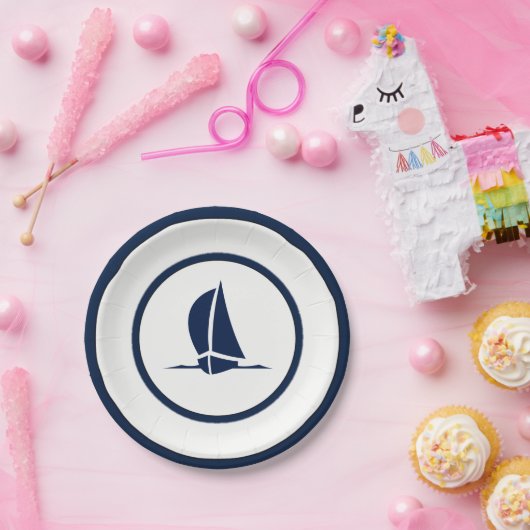 海軍と白の帆船 ペーパープレート (パーティー)
