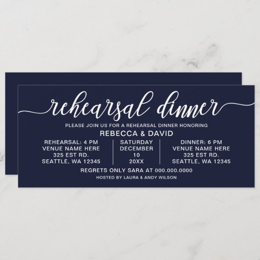 海軍と白の書道のリハーサルディナー 招待状 (正面/裏面)