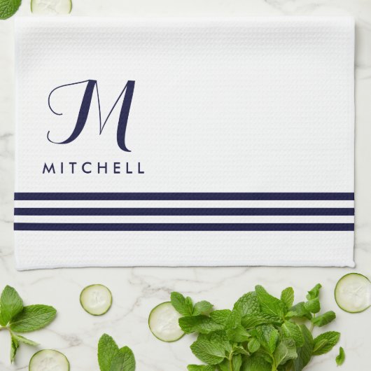 海軍と白の洗練されたストライプとモノグラム キッチンタオル (折り畳み)