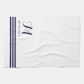 海軍と白の洗練されたストライプとモノグラム キッチンタオル (横)
