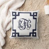 海軍と白ギリシャ語の鍵スクリプトMonogram クッション (ブランケット)