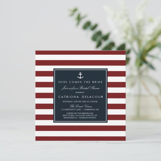 海軍と赤のブライダル航海のシャワーへの招待 招待状 (スタンド正面)