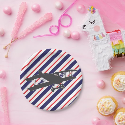 海軍と赤のヴィンテージ飛行機の紙プレート ペーパープレート (パーティー)