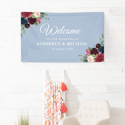 海軍と赤面のフローラほこりっぽいブルー結婚ウェルカム 横断幕 (インサイチュ)