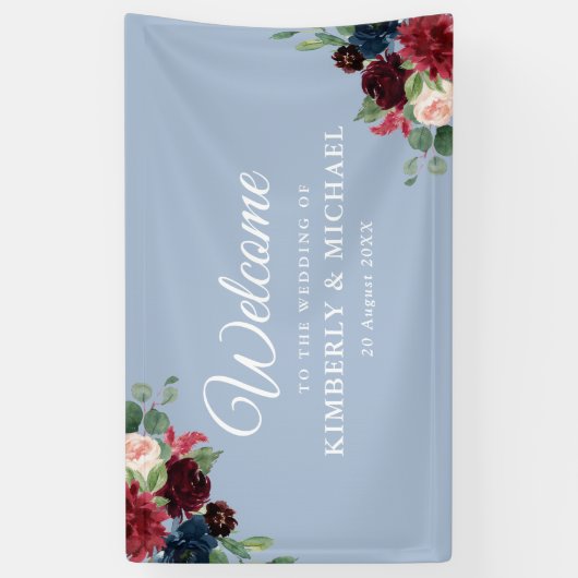 海軍と赤面のフローラほこりっぽいブルー結婚ウェルカム 横断幕 (縦)