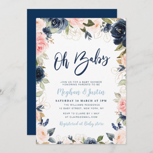 海軍と赤面のフローラカップルのベビーシャワー 招待状 (正面/裏面)