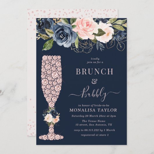 海軍と赤面のフローラブライダルシャワー招待状 招待状 (正面/裏面)