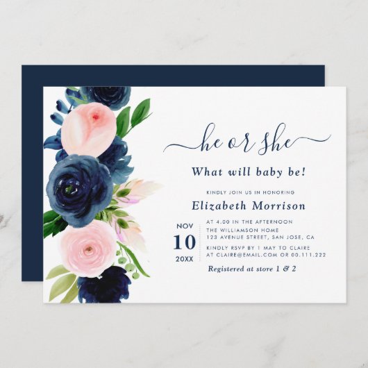 海軍と赤面のフローラ性別による招待の表示 招待状 (正面/裏面)