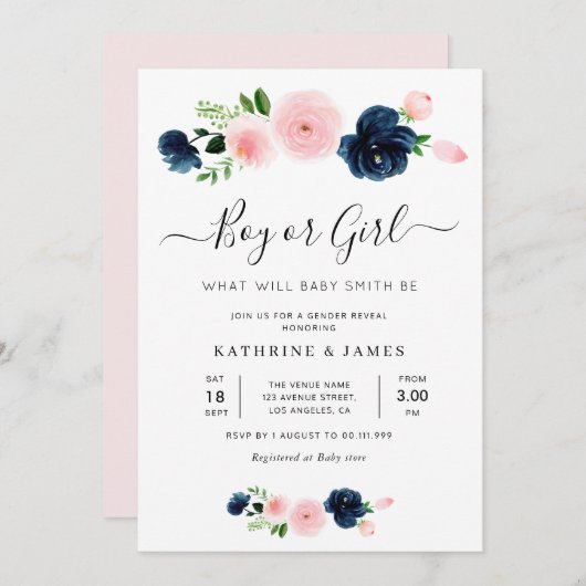 海軍と赤面のフローラ性別による招待の表示 招待状 (正面/裏面)