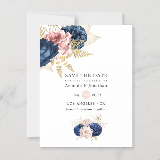 海軍と赤面のヴィンテージバラ結婚式の日付を保存 マグネット招待状 (正面)