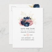 海軍と赤面のヴィンテージバラ結婚式の日付を保存 案内ポストカード (正面/裏面)