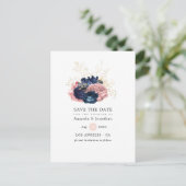 海軍と赤面のヴィンテージバラ結婚式の日付を保存 案内ポストカード (スタンド正面)