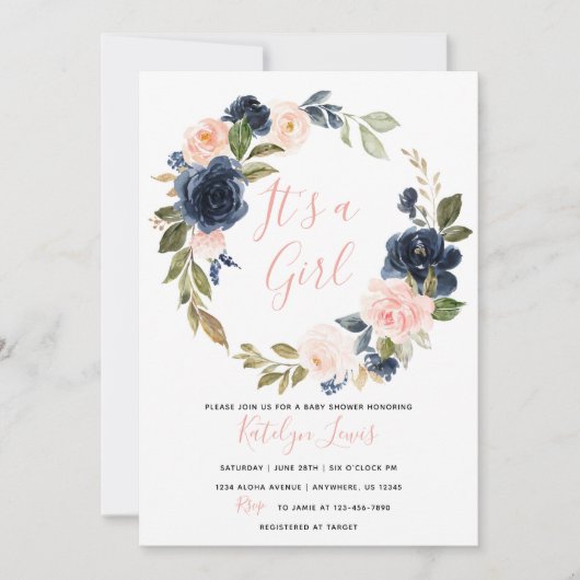 海軍と赤面の女の子のためのベビーシャワー招待状 招待状 (正面)