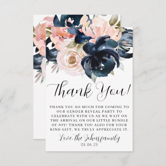 海軍と赤面の性別がサンキューカードを明らかにする。 サンキューカード (正面/裏面)