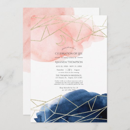 海軍と赤面の水色のお祝いの生活 招待状 (正面/裏面)