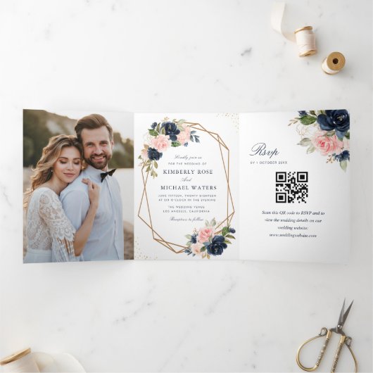 海軍と赤面の水色のフローラ 三つ折り案内状 (内部)