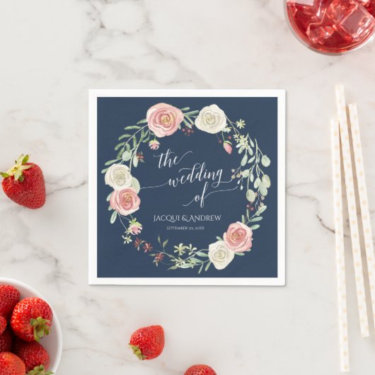 海軍と赤面の結婚アイボリーホワイトローズユーカリ スタンダードカクテルナプキン (インサイチュ)