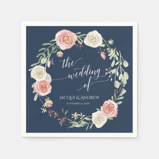 海軍と赤面の結婚アイボリーホワイトローズユーカリ スタンダードカクテルナプキン (正面)