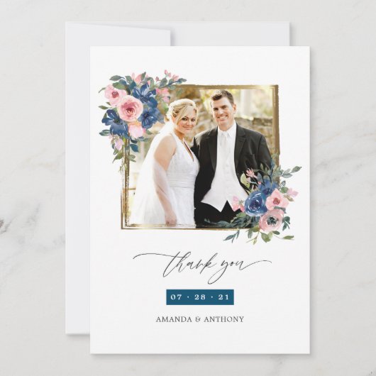 海軍と赤面の結婚フローラの写真コラージュ サンキューカード (正面)