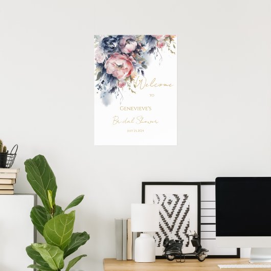 海軍と赤面エレガントブライダルシャワー歓迎サイン ポスター (ホームオフィス)