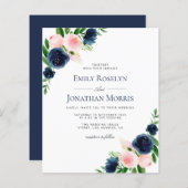 海軍と赤面ピンクフローラ結婚式招待状 (正面/裏面)