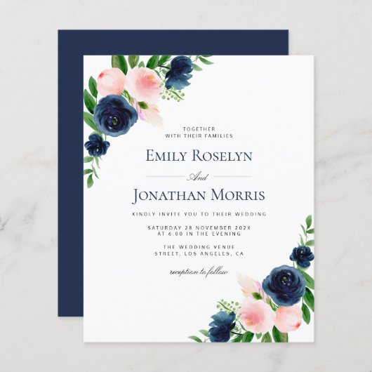 海軍と赤面ピンクフローラ結婚式招待状 (正面/裏面)