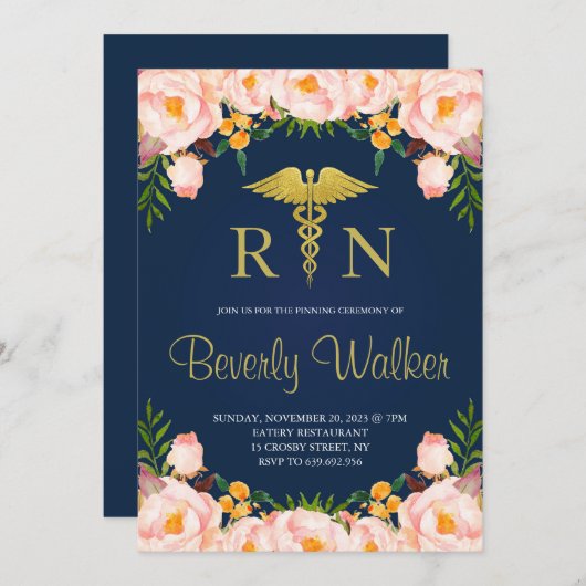 海軍と赤面フローラナースピン留め式 招待状 (正面/裏面)