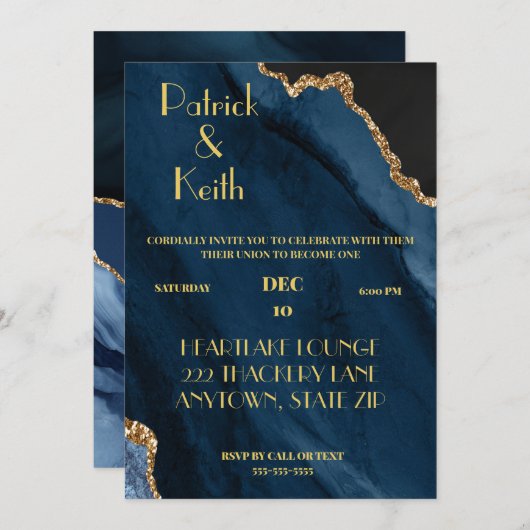 海軍と金ゴールドのアガテの結婚式の招待、ゲイ結婚の 招待状 (正面/裏面)