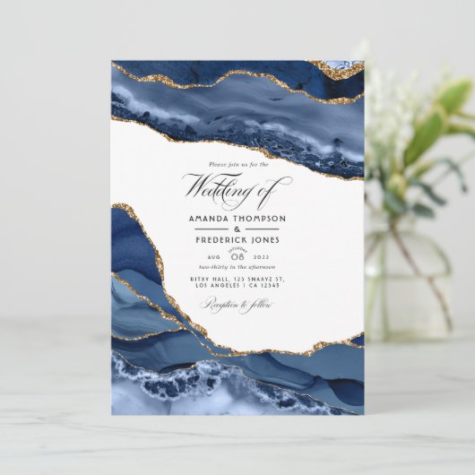 海軍と金ゴールドのアゲテ結婚ストーンの写真 招待状 (スタンド正面)