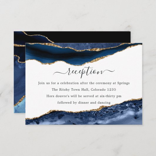 海軍と金ゴールドのアゲート結婚式のレセプション エンクロージャーカード (正面/裏面)
