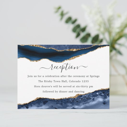 海軍と金ゴールドのアゲート結婚式のレセプション エンクロージャーカード (スタンド正面)