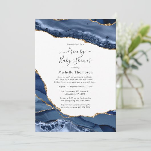 海軍と金ゴールドのアゲート車でシャワー 招待状 (スタンド正面)