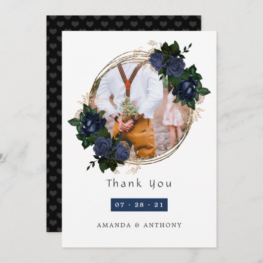 海軍と金ゴールドのフローラ結婚の写真 サンキューカード (正面/裏面)