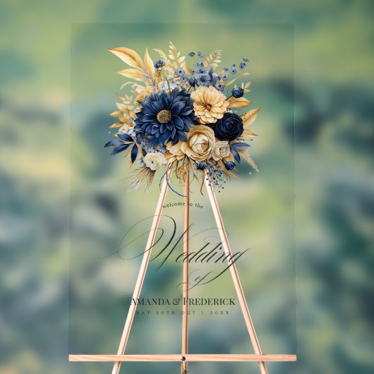 海軍と金ゴールドのフローラ結婚の歓迎 アクリルサイン (ニュートラル)