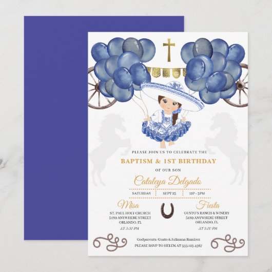 海軍と金ゴールドのベビーシャルラメキシコバルーンバプテスマ 招待状 (正面/裏面)