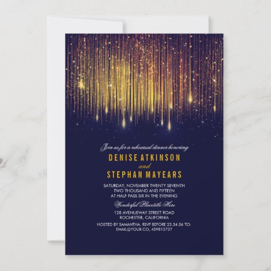 海軍と金ゴールドのリハーサルディナーストリングライト 招待状 (正面)